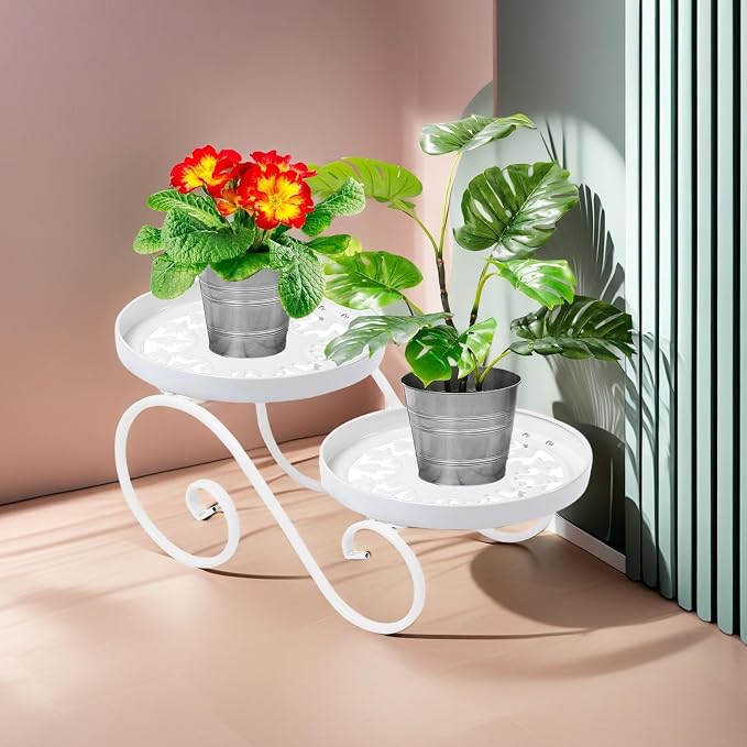 2 Tier White Plant Stand, Metal Flower Stand Indoor Outdoor, Anti-Rust Iron - Image 6