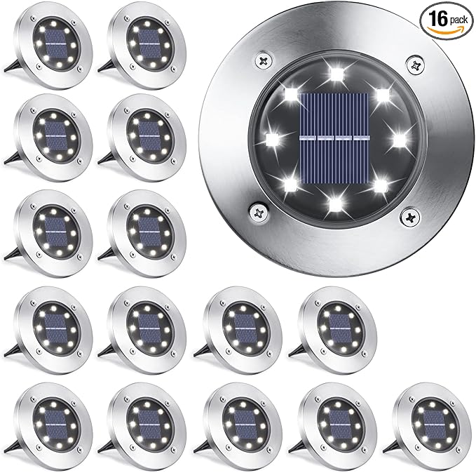 LYHOPE Solar Ground Lights Outdoor, 16 Pack 8 LED Solar Disk Lights Waterproof by LYHOPE