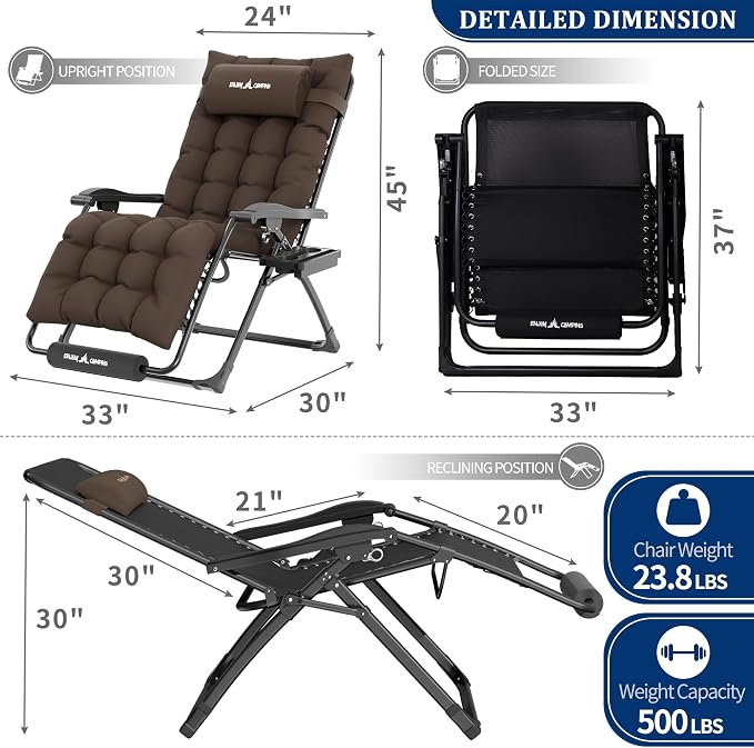 UDPATIO Oversized Zero Gravity Chair, 33In XXL Patio Reclining Chair - Image 3