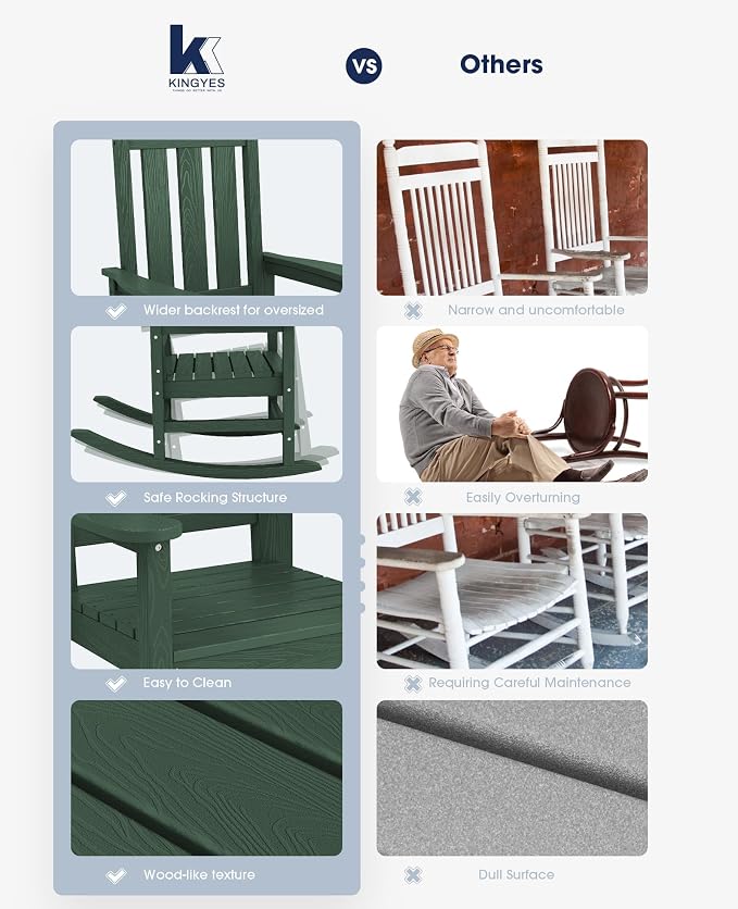 KINGYES Oversized Outdoor Rocking Chair, All-Weather Patio Rocking Chairs - Image 8
