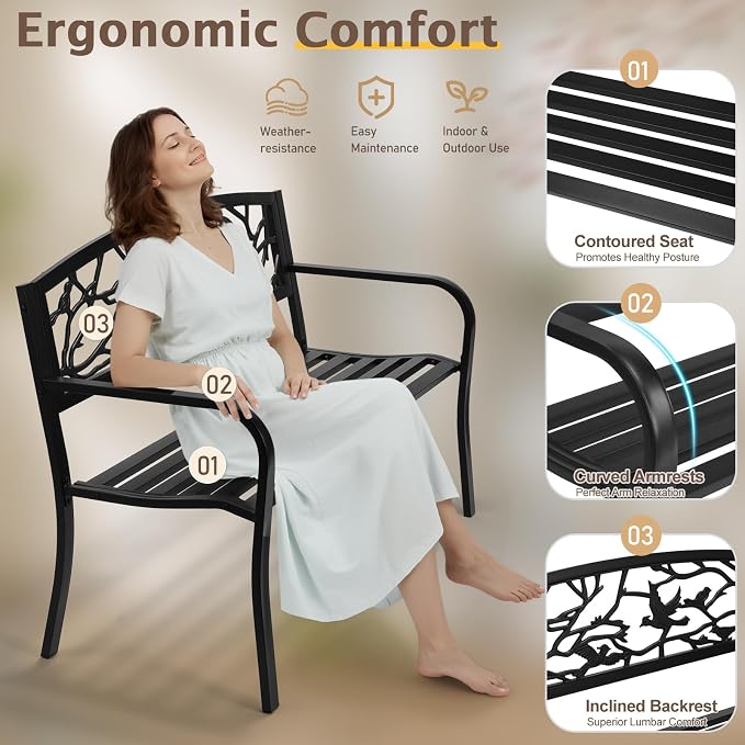 VINGLI Outdoor Bench for Patio Metal Garden Bench w/PVC Back Pattern - Image 4