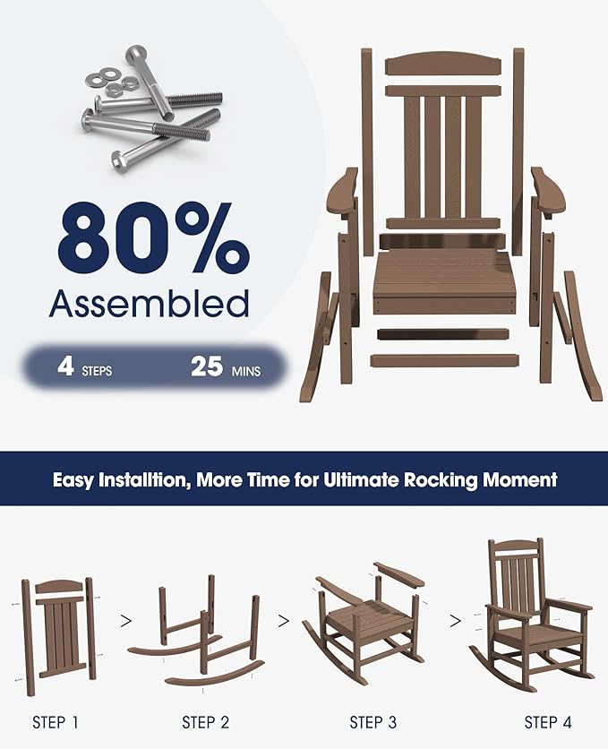 KINGYES HDPE Outdoor Rocking Chair, Widened Seat Patio Rocking Chair, Oversized - Image 8