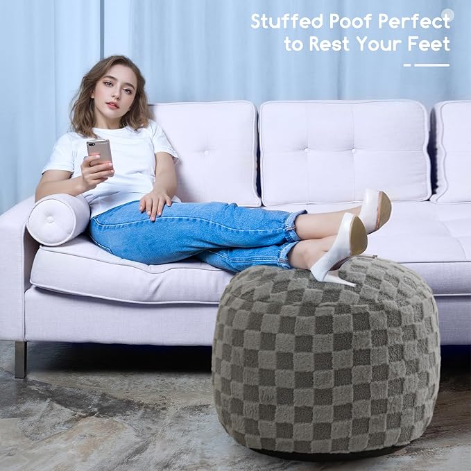 HIGOGOGO Round Stuffed Pouf Ottoman, Plaid Poufs - Image 6
