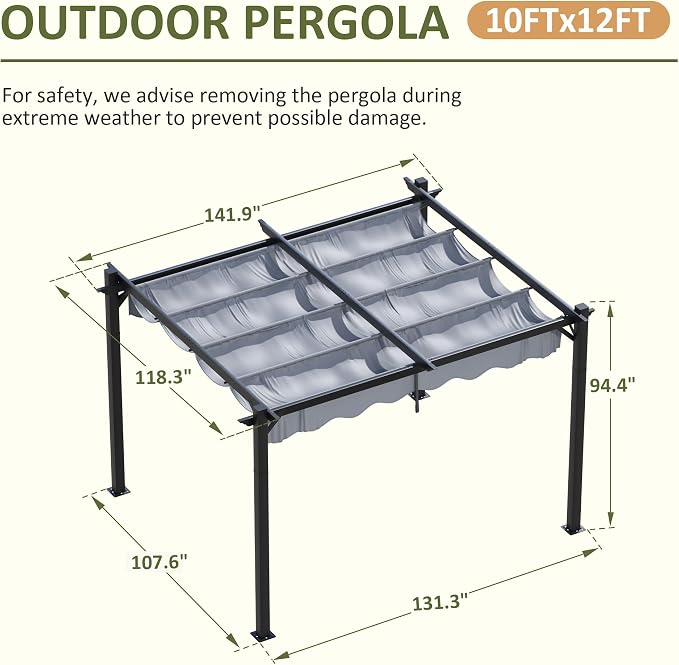 10'x12' Outdoor Pergola with Retractable Canopy, Patio Metal Heavy-Duty Gazebo - Image 2