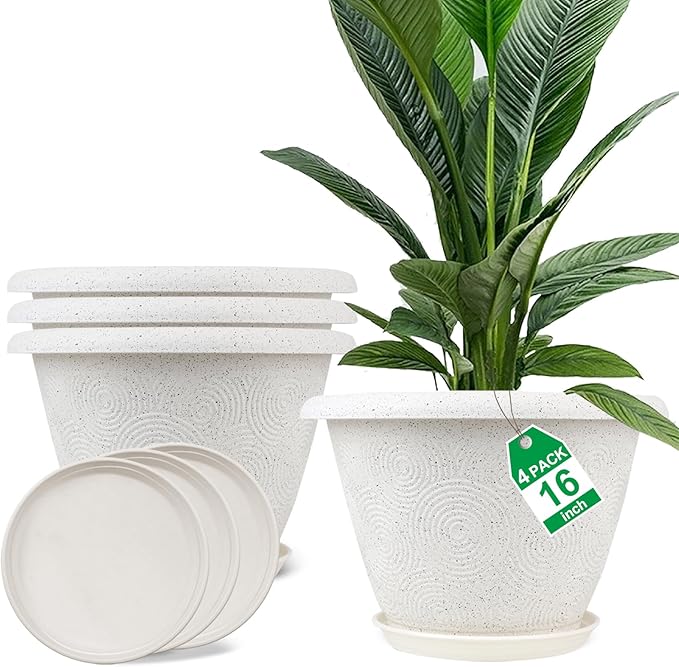 Plastic Flower Pots Planters for Indoor Plants, 4 Pack 16 Inch White Plant Pots by Fodetyff