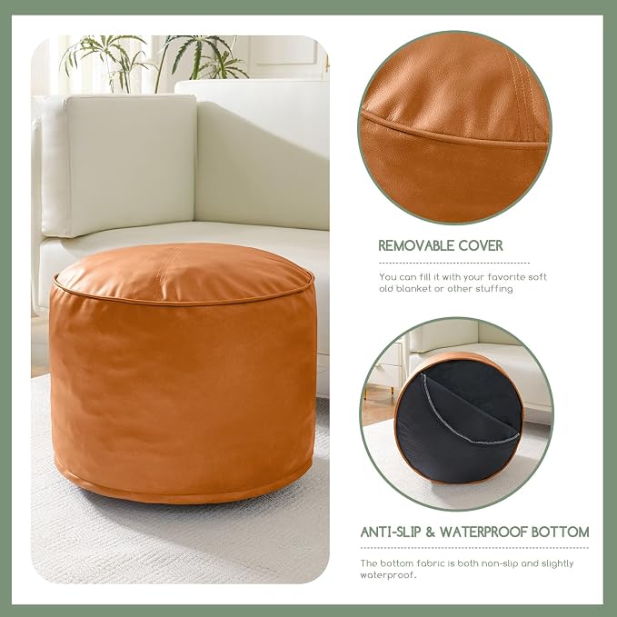 HIGOGOGO Round Stuffed Pouf Ottoman, Pu Leather Poufs - Image 3