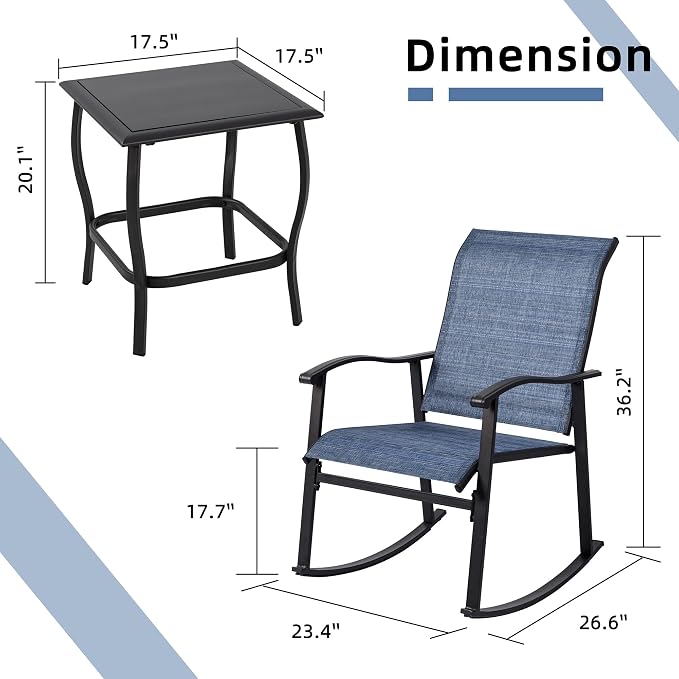 Vongrasig 3 Piece Outdoor Rocking Bistro Set, Textilene Fabric Small Patio - Image 6