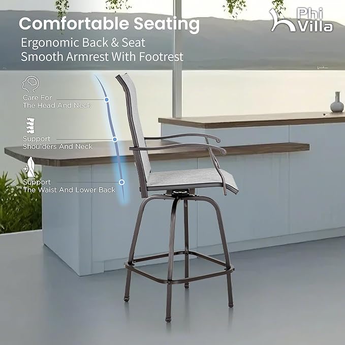 PHI VILLA Outdoor Swivel Patio Bar Stools Set of 6, 30 Inch Bar Height Tall - Image 7