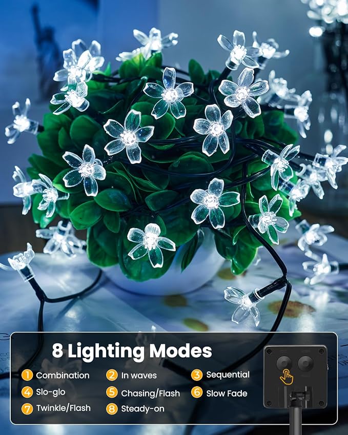 Brightown 2 Pack Total 52FT 120 LED Solar String Lights Flower Outdoor - Image 2