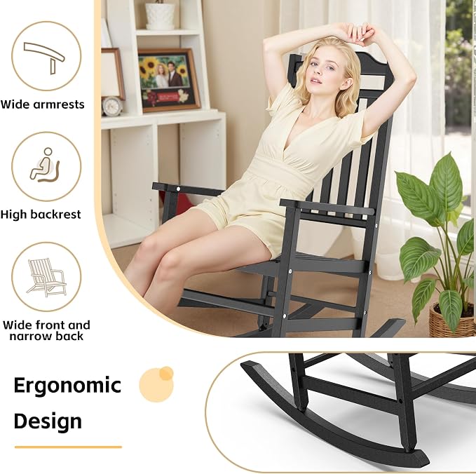 Patio Rocking Chair Outdoor Set of 1, Weather Resistant Poly Resin Oversized - Image 5