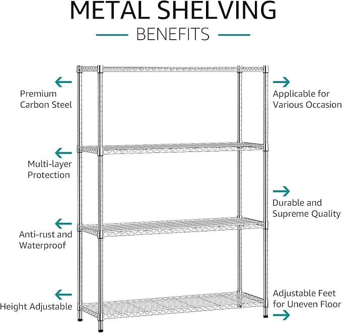 IZEUK 4-Tier Adjustable Heavy Duty Metal Wire Shelving Unit, Wide Storage Rack - Image 4