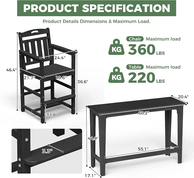 Outdoor Patio Bar Height Table and Tall Adirondack Chairs Set of 2, All-Weather - Image 3