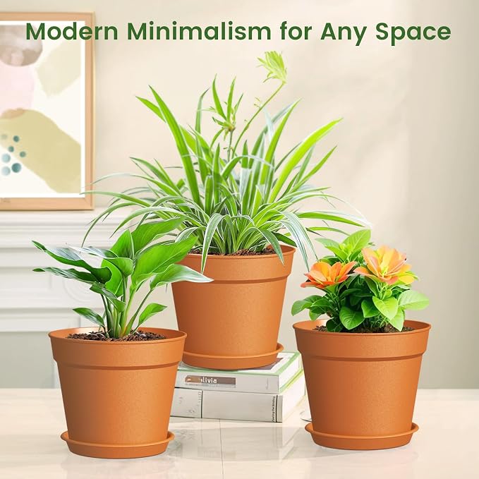10 Pack 6 Inch Plant Pots with Drainage and Saucers, Plastic Flower Pots - Image 3