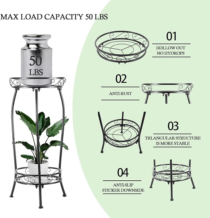 2-Pack Plant Stand Indoor Outdoor, Tall Black Metal Rustproof Stable Plant - Image 3