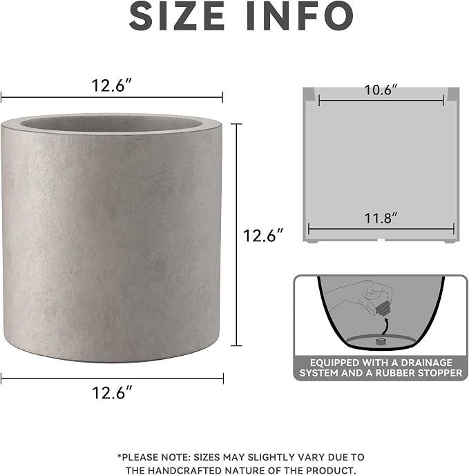 Kante 12.6" Dia Round Concrete Planter, Modern Style Large Cylindrical Plant Pot - Image 2