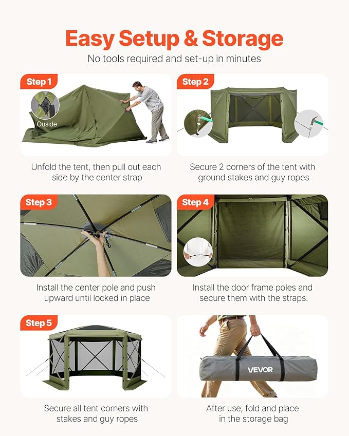 VEVOR Pop up Gazebo Screen Tent, 10 x 10 ft Large 6-Sided Camping Canopy Tent - Image 5