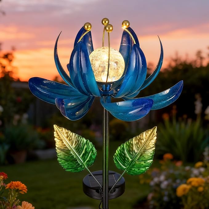 Solar Garden Lights Metal Flower Decor, Colorful Lotus Pathway Spinning Windmill by AIINY
