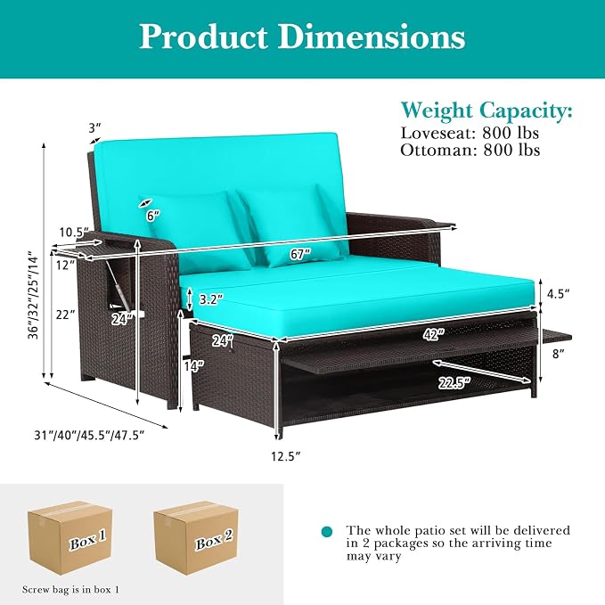 LDAILY Moccha Outdoor Daybed, Wicker Loveseat Sofa Set - Image 9