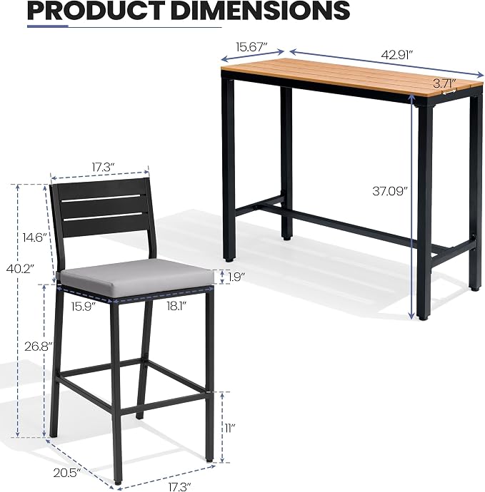 Crestlive Products Outdoor Bar Table and Chairs Set, 3 Piece Outside Patio Bar - Image 2