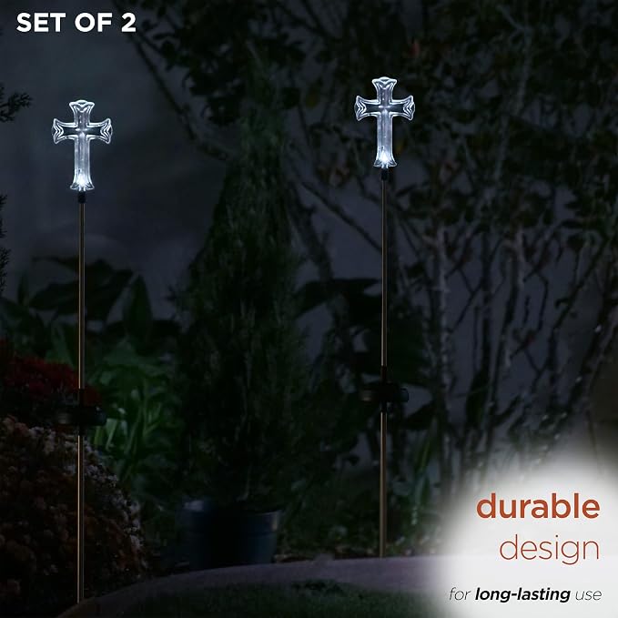 Alpine Corporation 34" Tall Outdoor Solar Powered Cross Pathway Light Stakes - Image 8
