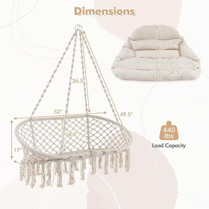 Tangkula 2-Person Hanging Hammock Chair, Boho Style Macrame Hammock Swing - Image 7
