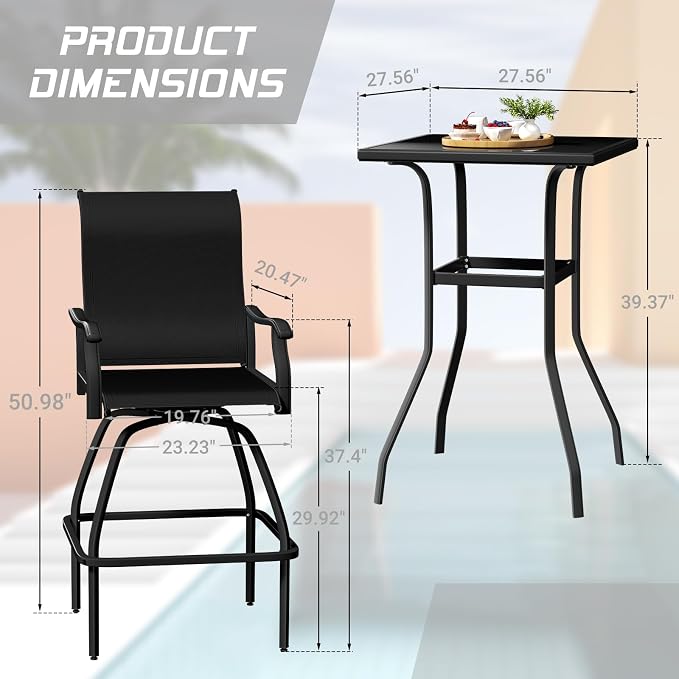 LEVELEVE Patio Bar Set 2pcs Swivel Bar Stools Outdoor Bistro Textilene - Image 2
