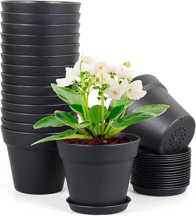 4 inch Small Plastic Nursery Pots, 16 Pack Plant Pots by Meowell