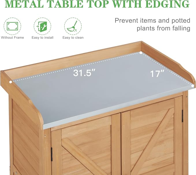 Outdoor Potting Bench with Storage Cabinet and Metal Top, Wood Workstation - Image 3