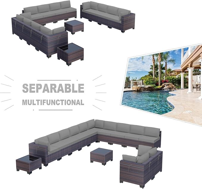 Kullavik 14 Pieces Outdoor Patio Furniture Set, Sectional Rattan Sofa Set Brown - Image 5