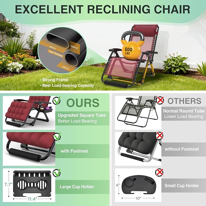 Suteck Oversized Zero Gravity Chair, 33In XXL Lounge Chair w/Removable - Image 4