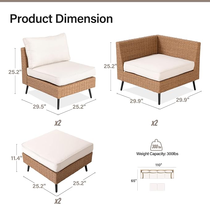 LAUSAINT HOME Outdoor Patio Furniture, 6 Piece Outdoor Sectional Sofa PE Rattan - Image 6