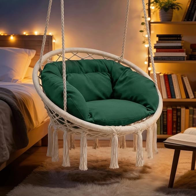 Monibloom Hanging Hammock Chair w/Dark Green Cushion, Porch Macrame Swing Chair - Image 7