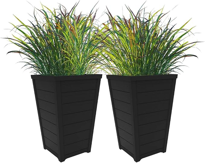 Keter Set of 2 Modern 22‑Inch Tall Outdoor Flower Pots – Large Resin Tapered by Keter