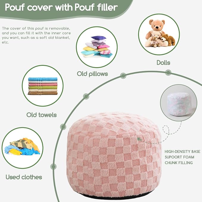 HIGOGOGO Round Stuffed Pouf Ottoman, Plaid Poufs - Image 3
