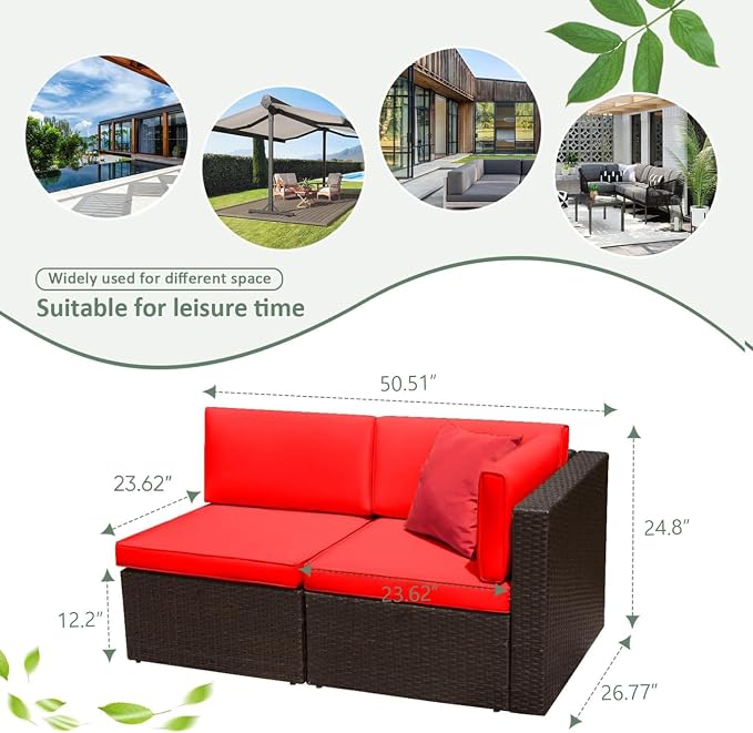 Devoko 2-Piece Modern Red Rattan & Metal Patio Sofa Set - Image 7