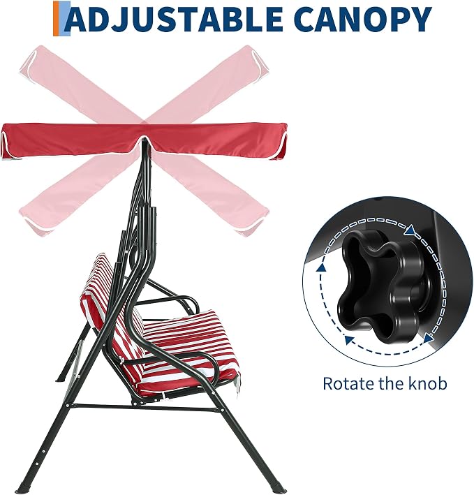 Outdoor Porch Swing Chair with Adjustable Canopy & Striped Seat Cushion - Image 2