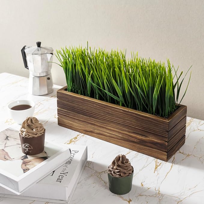 MyGift 14 Inch Artificial Green Grass Plant in Rustic Burnt Solid Wood - Image 4