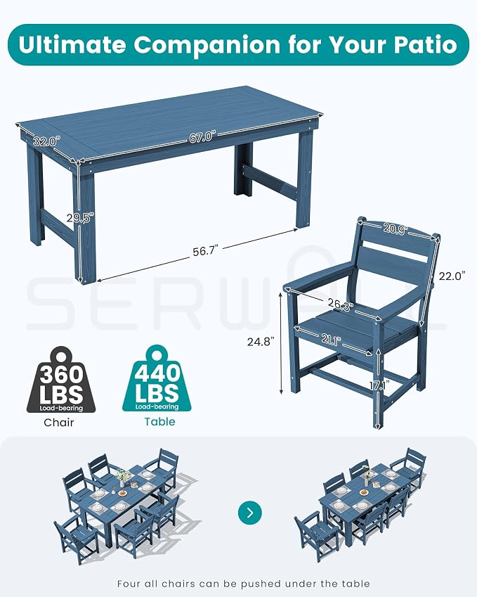 SERWALL Outdoor Dining Table Set, 67‘’ HDPE Patio Dining Set - Image 2