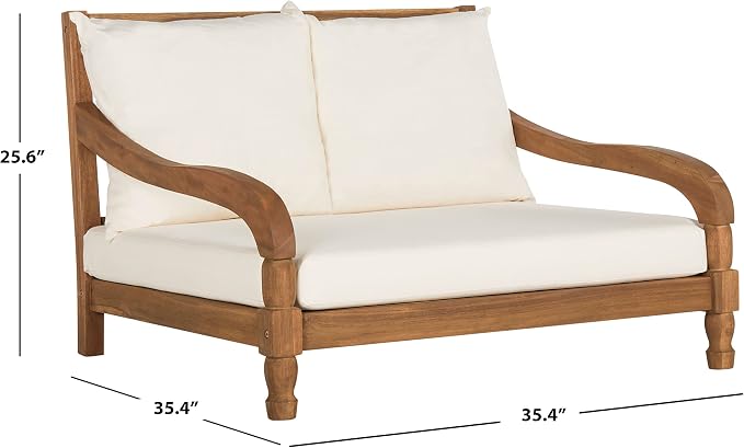 SAFAVIEH Outdoor Collection Pomona Natural Solid Wood/Beige Lounger Bench Sofa - Image 3