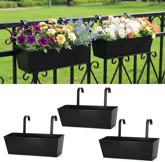 3 Pack Metal Railing Planters, 16 Inch Large Rectangular Hanging Flower Pots by MeltsetM