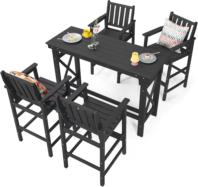 5-Piece HDPE Patio Bar Set, Rectangular Bar Height Table and 4 Adirondack Bar - Image 9