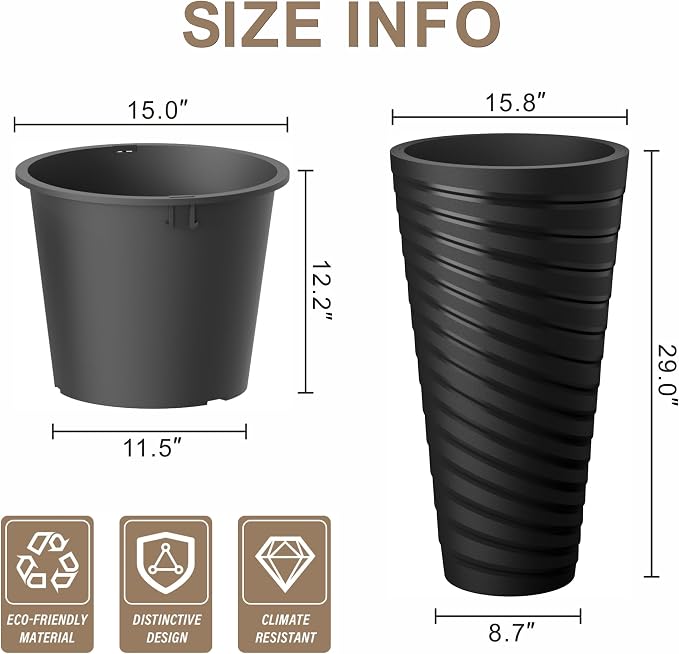 Kante 29 Inch Tall Planter Set of 2, Round Spiral Textured Flower Pots - Image 2