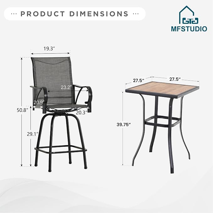 MFSTUDIO 3 Piece Patio Swivel Bar Set, Outdoor Bar Table and Chairs Set - Image 7