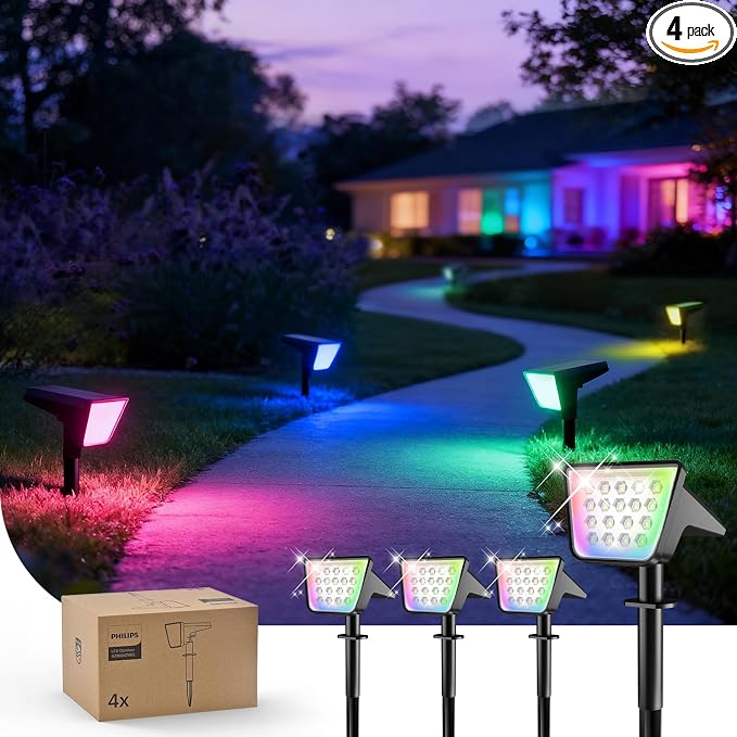 Philips 4 Packs Solar RGBW Spot Lights Outdoor, 18 LED Solar Powered Landscape by PhilipsLightingLED