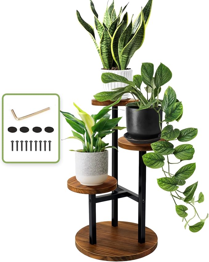 AUGOSTA 3 Tier Plant Stand, Tall Metal Wood Shelf Holder by AUGOSTA