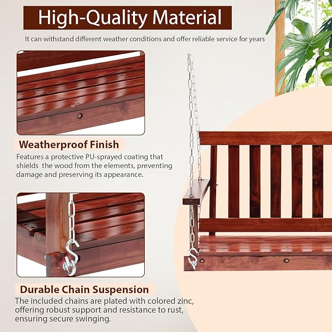Outdoor Wooden Porch Swing 4Ft Patio Porch Swing Bench 800 LBS Load-Bearing - Image 3