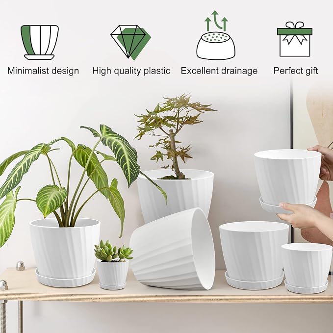 7 pcs Plant Pots with Drainage Holes and Saucers, Indoor Planters - Image 6