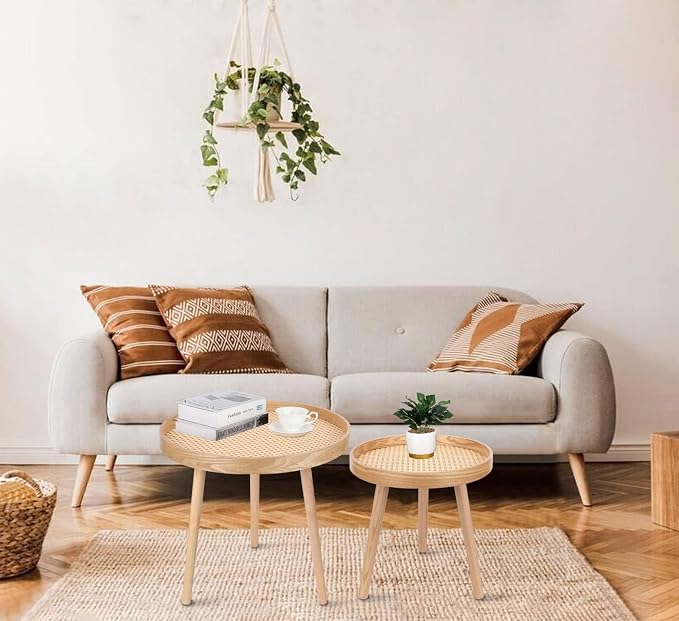 Round Coffee Table Set of 2, Natural Boho Coffee Tables, Small Mid Century - Image 6