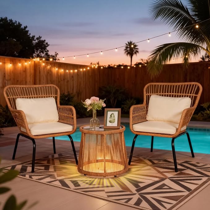 3 Piece Outdoor Wicker Furniture Bistro Set, Rattan Chairs Conversation Sets by HOMEZILLIONS