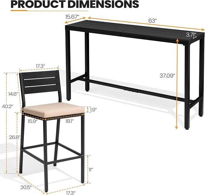Crestlive Products Outdoor Bar Table and Chairs Set, 3 Piece Outside Patio Bar - Image 2